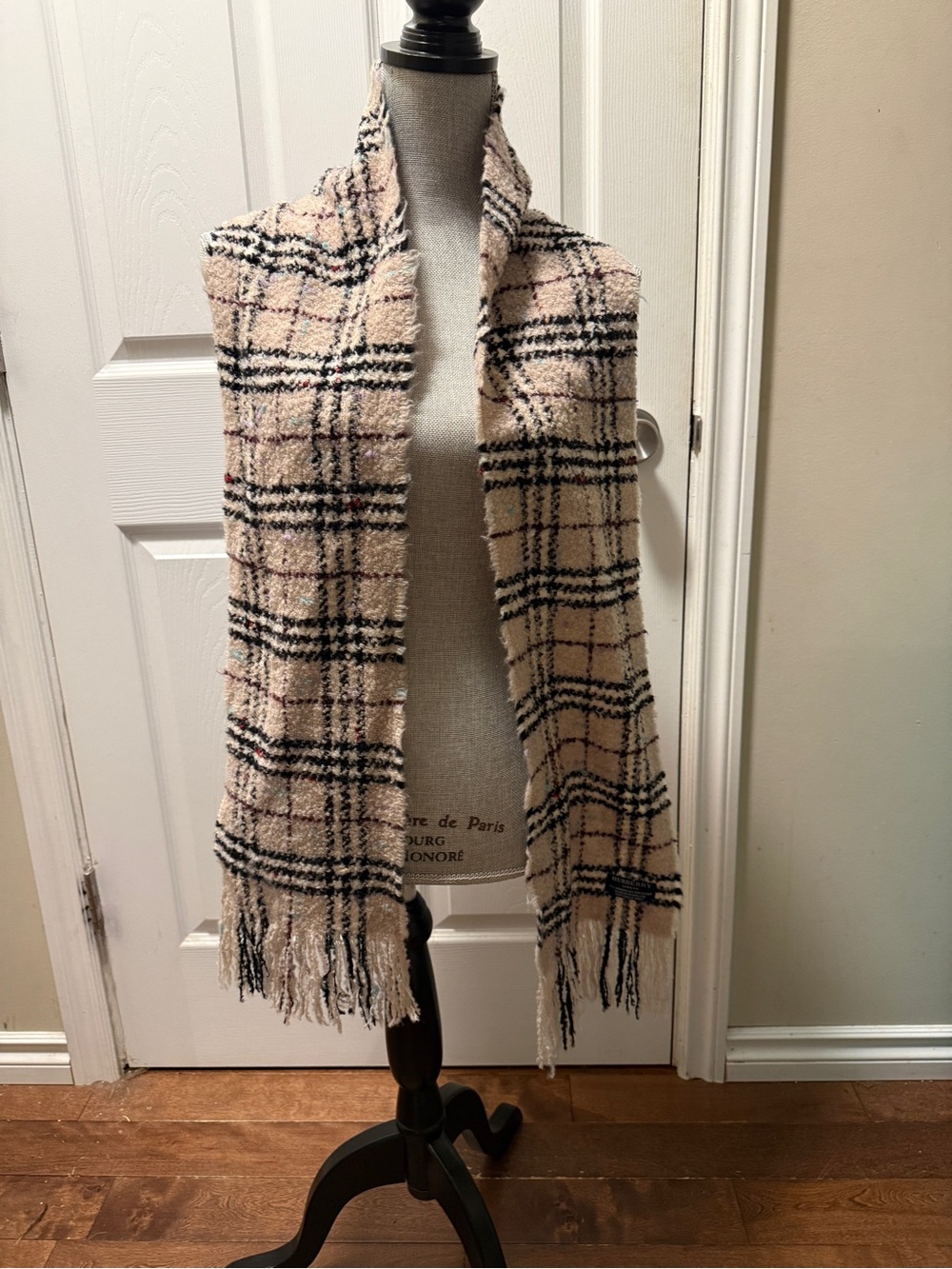 Burberry Cream Plaid Fringe Scarf with Black & Pink Accents